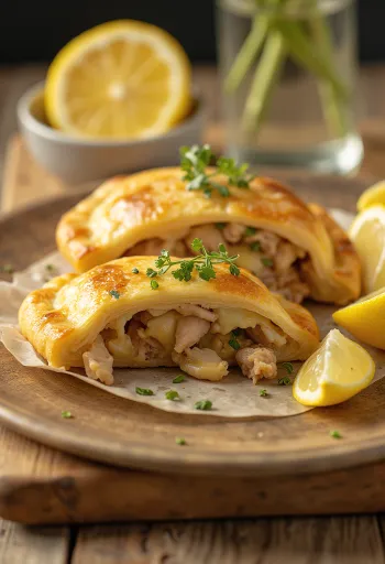 Calzone au thon, croûte dorée, garnie de thon et de fromage