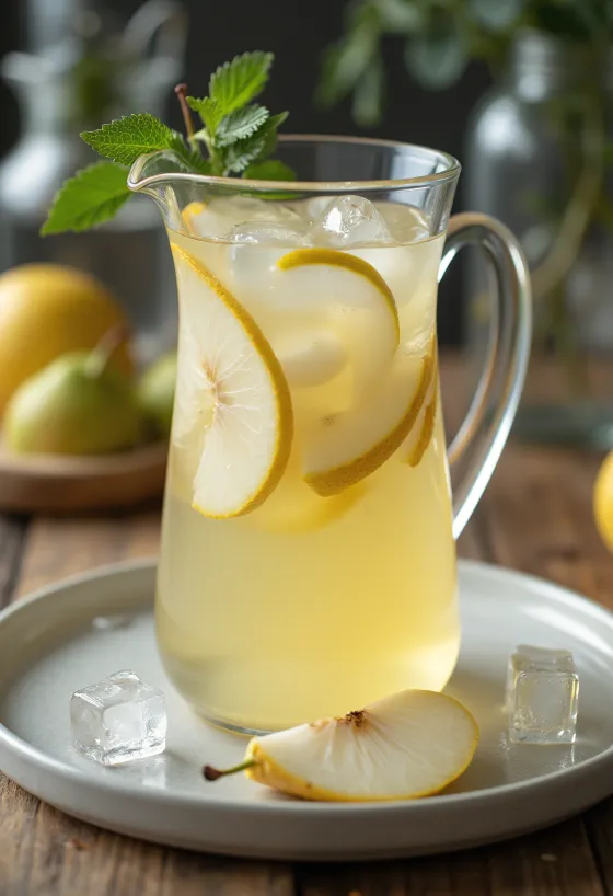 Limonade poire-citron dans un verre, décorée de menthe fraîche et d'une tranche de poire