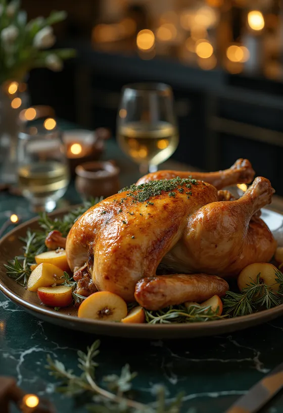Oie rôtie farcie à la sauge et légumes rôtis