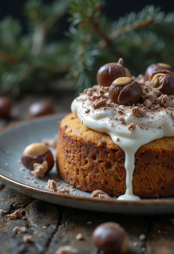 Gâteau d'hiver aux marrons décoré de chocolat noir et de noix