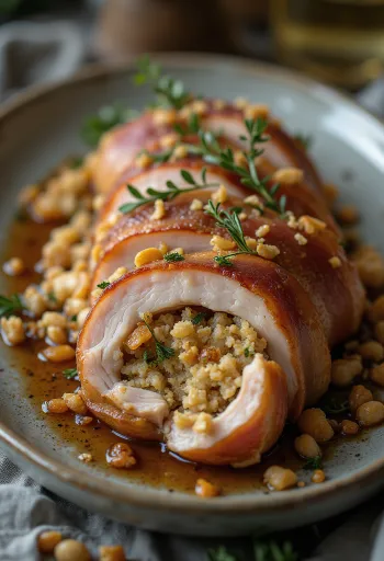Carré de porc farci juteux rôti au four, farci d'herbes fraîches et fromage fondu.