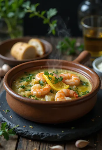Açorda aux crevettes, morceaux de pain frais avec crevettes, ail et persil