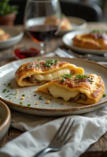 Calzone au fromage Saint-Paulin, croûte dorée, garnie de fromage et de jambon