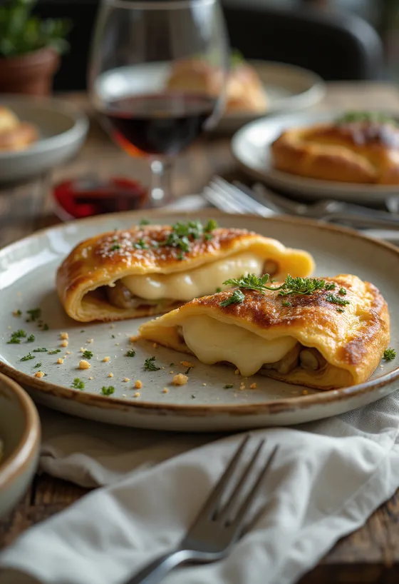Calzone au fromage Saint-Paulin, croûte dorée, garnie de fromage et de jambon