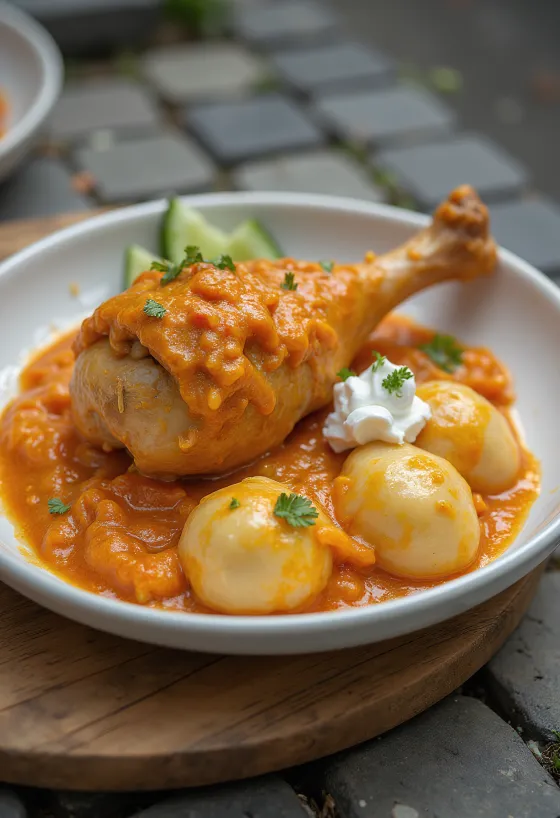 Paprikash de poulet avec morceaux de poulet juteux, servi en sauce paprika-crème.