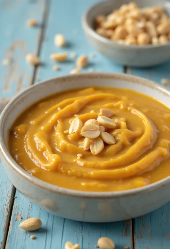 Sauce satay (cacahuètes et curry) servie dans un bol avec coriandre fraîche.