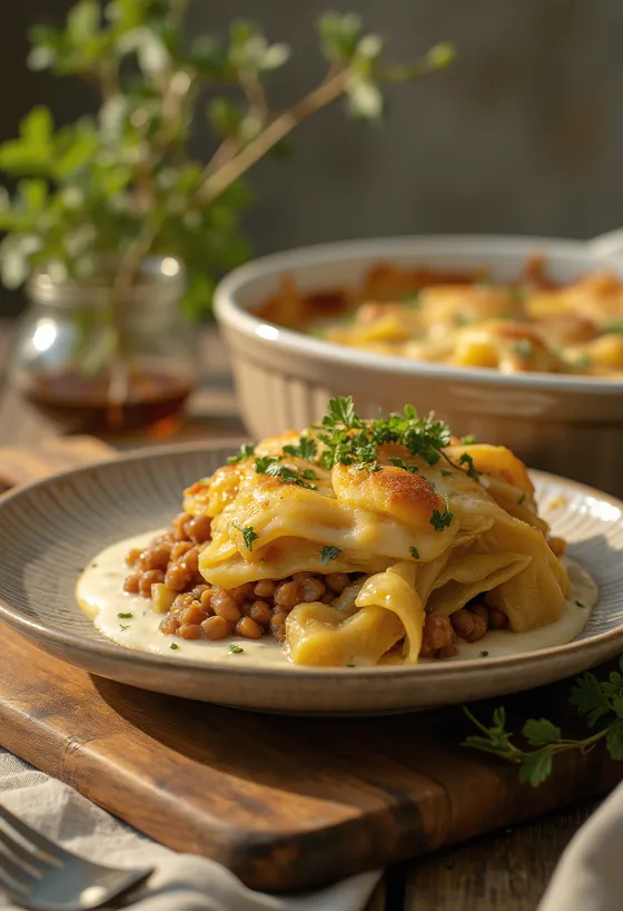 Gratin de chou frisé aux lentilles épicées servi