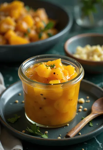Chutney de mangue dans un bocal en verre, fait de mangues fraîches et d'épices