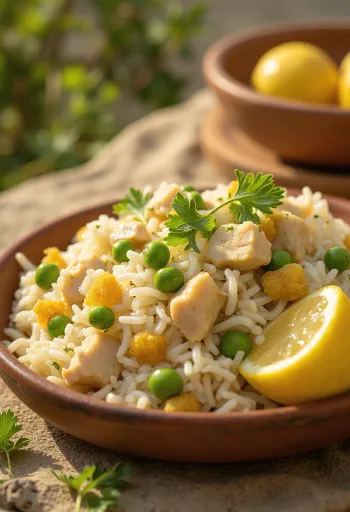 Mote Pillo au poulet et fruits secs, servi avec coriandre