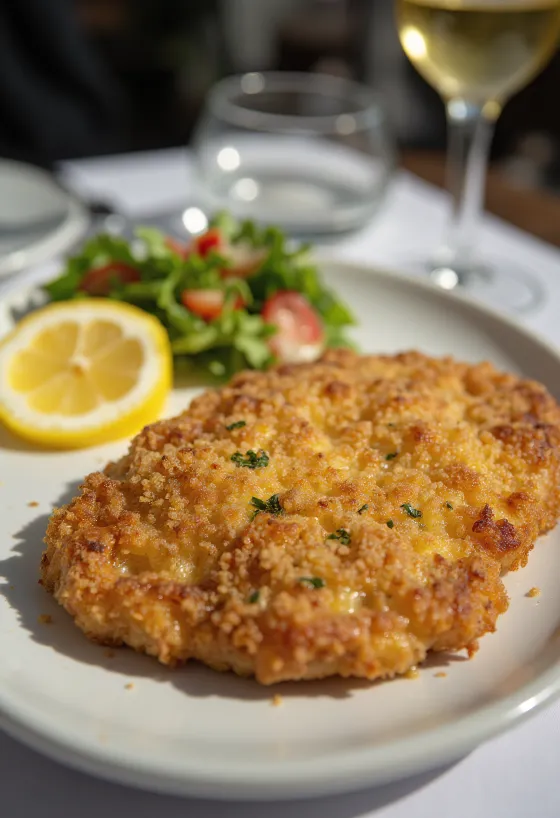 Escalope de porc panée dorée dans une panure croustillante, servie avec des légumes frais.