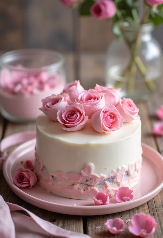 Gâteau à la rose Saint-Valentin avec couverture en pâte à sucre blanche et pétales de rose