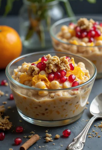 Aşure au zeste d'orange, servi avec noix et grenade en décoration