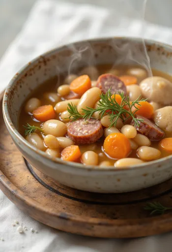 Soupe de haricots traditionnelle avec csipetke, servie avec un bouillon de viande fumée