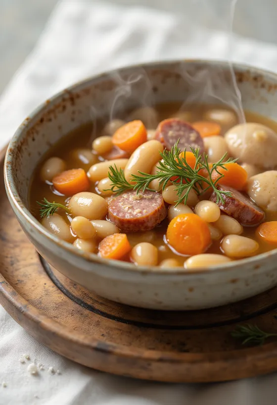 Soupe de haricots traditionnelle avec csipetke, servie avec un bouillon de viande fumée