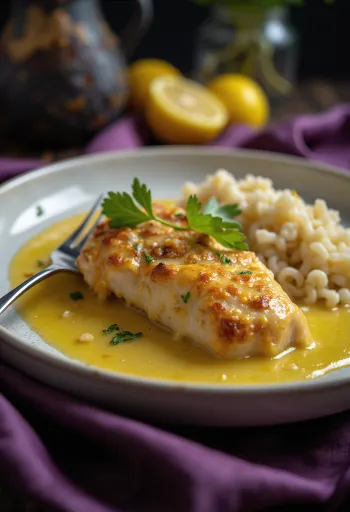 Poulet au citron servi avec rondelles de citron frais et herbes.