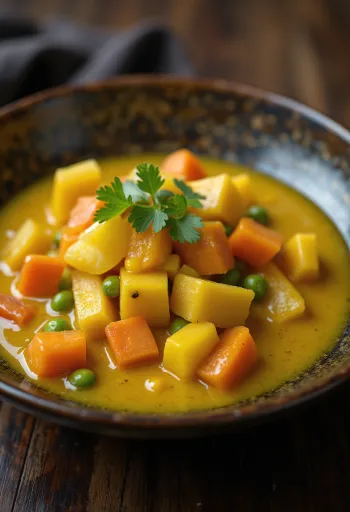 Sauce curry aux légumes dans un bol, décorée de coriandre fraîche.