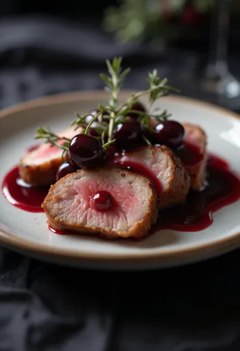 Magret de canard sauce aux cerises servi élégamment