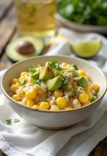 Esquites frais et croquants servis avec de l'avocat