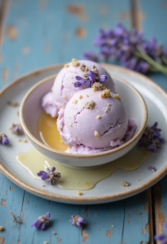 Glace miel et lavande servie en boule