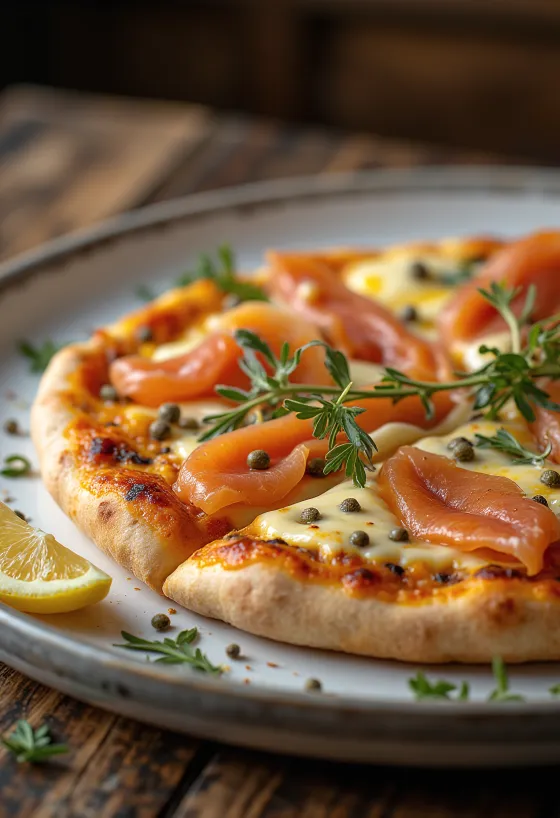 Pizza à la Norvégienne au saumon fumé, câpres et crème fraîche