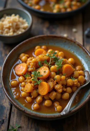 Ragoût pois chiches sauce épaisse servi avec carotte et oignon, dans un plat céramique clair
