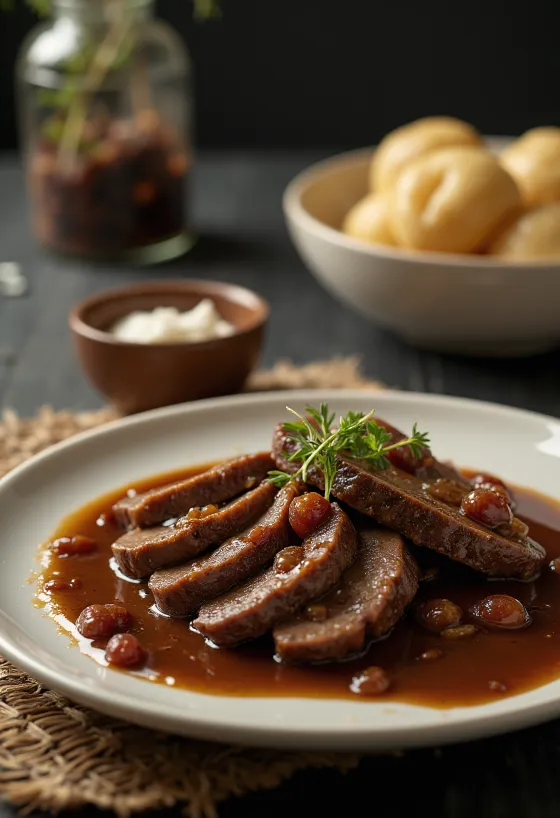 Sauerbraten rôti de bœuf mariné allemand servi