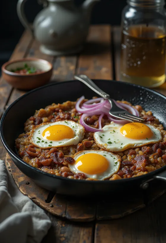 Tacu Tacu aux oignons, servi avec un œuf, mélange de riz et haricots doré