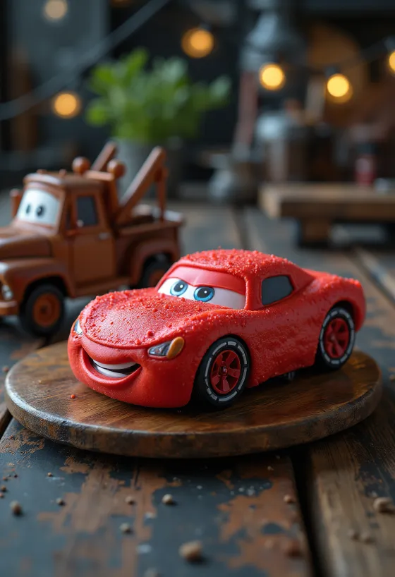 Gâteau Cars recouvert de pâte à sucre rouge avec décorations de voiture