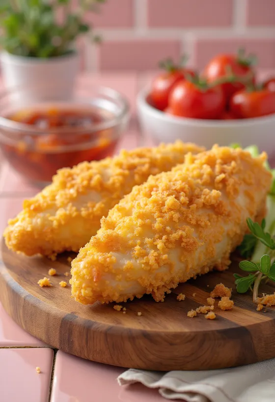 Escalope de poulet panée frite et dorée, servie avec une salade fraîche.