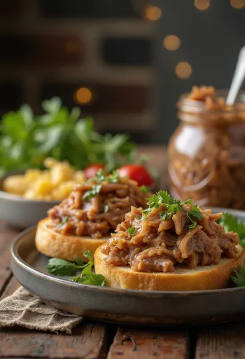 Rillettes de canard servies dans un bocal rustique avec pain et cornichons