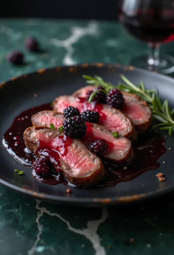Pavé de wapiti, réduction aux fruits rouges servi avec des légumes.