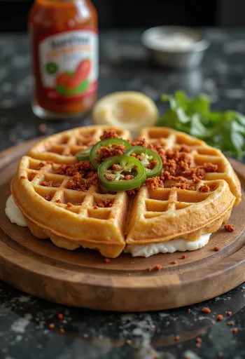 Gaufre extrêmement épicée servie avec piment jalapeño et fromage cheddar avec crème fraîche