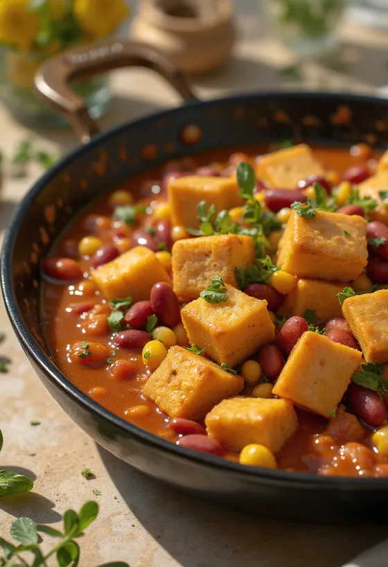 Tofu épicé aux haricots servi