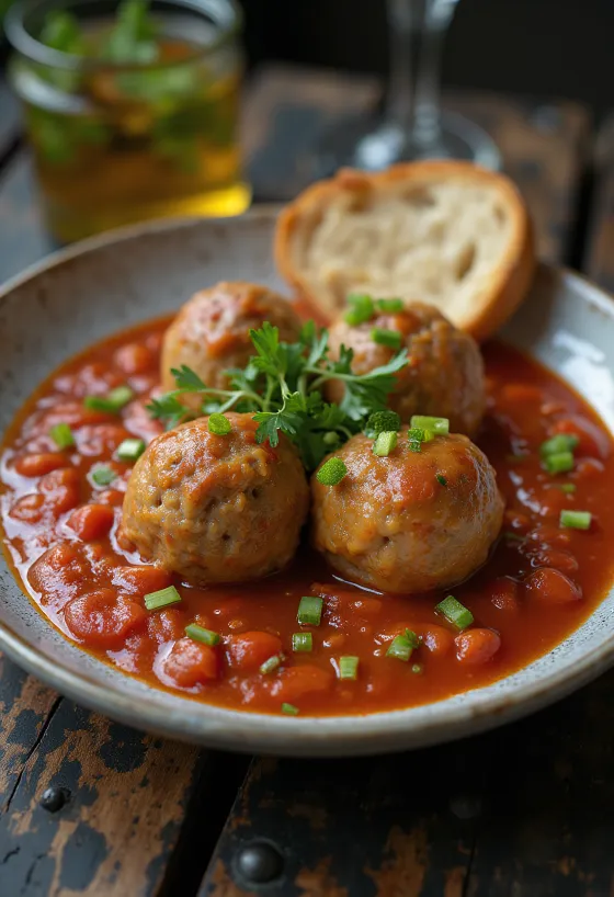 Boulettes de viande à la tomate servies dans une sauce tomate épaisse aigre-douce