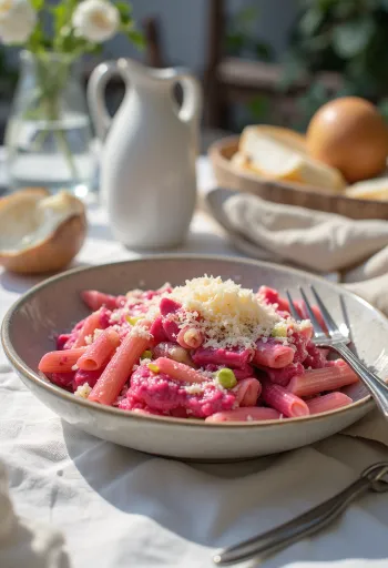 Pâtes prébiotiques à la betterave et au poireau servies avec persil frais et parmesan