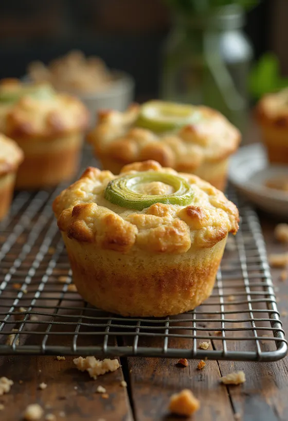 Gâteaux salés maison au poireau servis sur assiette claire, cuits dorés