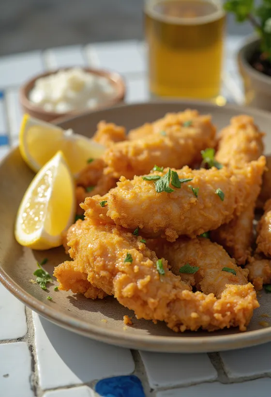 Cuisses de grenouille panées servies avec citron et persil