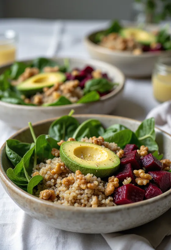 Buddha bowl au quinoa, épinards et betterave