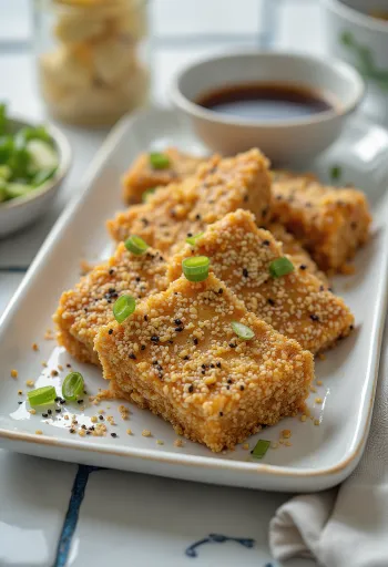 Tofu pané au sésame, croustillant et doré, servi avec légumes frais.