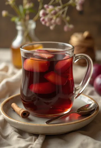 Thé chaud aux prunes servi dans un verre