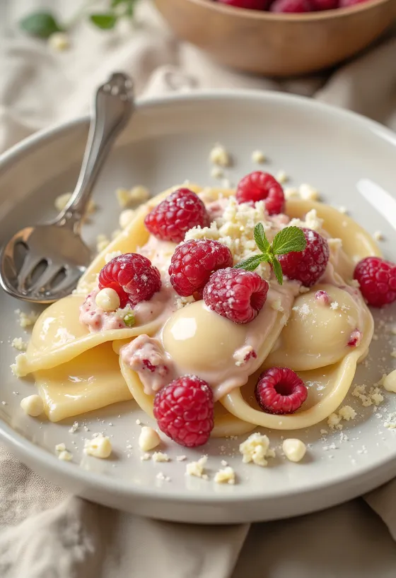 Assiette de raviolis à la crème et aux framboises fraîches