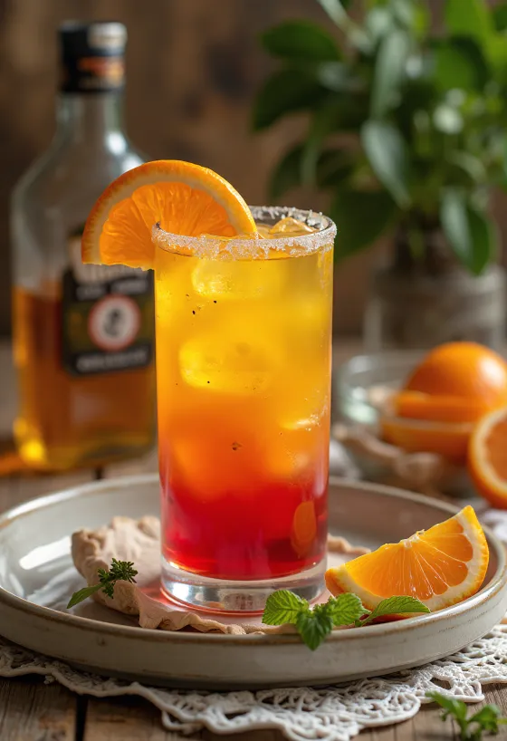 Cocktail Tequila Sunrise décoré d'une tranche d'orange et d'une cerise