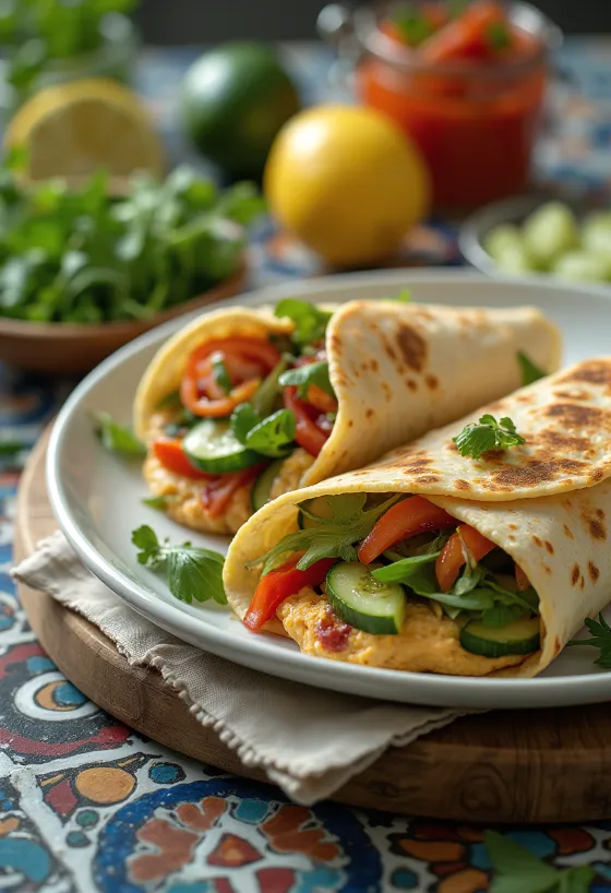 Wrap au houmous et concombre farci de légumes frais