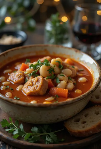 Goulash de haricots traditionnel servi avec de riches légumes et de la viande fumée