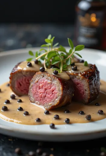 Filet d'émeu sauce au poivre servi avec des légumes.