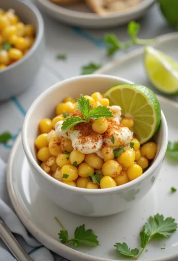 Esquites au citron vert, servi avec coriandre fraîche et fromage
