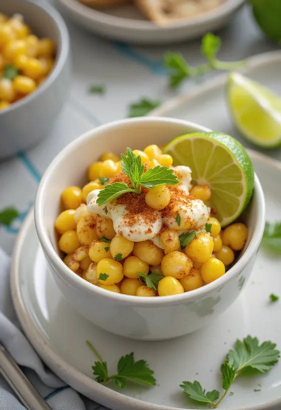 Esquites au citron vert, servi avec coriandre fraîche et fromage