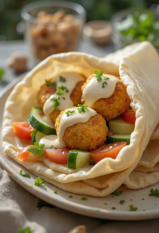 Falafel en pain pita avec légumes frais et sauce tahini