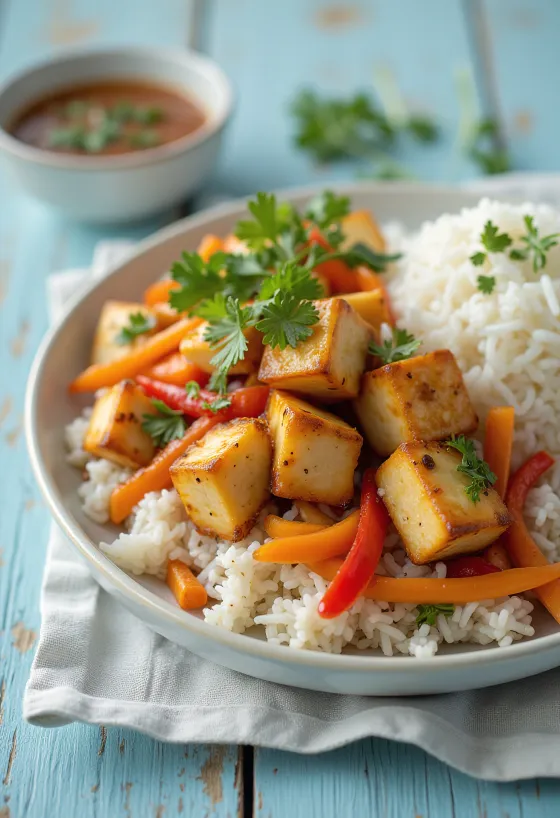 Sauté de tofu aux légumes et riz servi