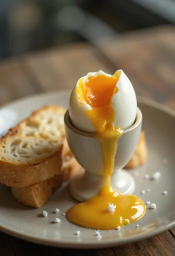 Œuf mollet fraîchement cuit, servi pour le petit-déjeuner.